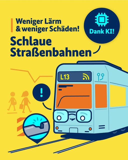 Schriftgrafik mit Illustration einer Straßenbahn, die eine defekte Schiene erkennt: Weniger Lärm & weniger Schäden! Dank KI! Schlaue Straßenbahnen. Schriftgrafik mit Illustration einer Straßenbahn, die eine defekte Schiene erkennt: Weniger Lärm & weniger Schäden! Dank KI! Schlaue Straßenbahnen.