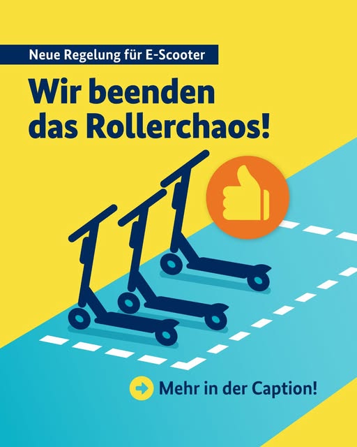 Schriftgrafik mit Illustration geparkter E-Scooter in einer dafür vorgesehenen Fläche: Neue Regelung für E-Scooter. Wir beenden das Rollerchaos! Mehr in der Caption! Schriftgrafik mit Illustration geparkter E-Scooter in einer dafür vorgesehenen Fläche: Neue Regelung für E-Scooter. Wir beenden das Rollerchaos! Mehr in der Caption!