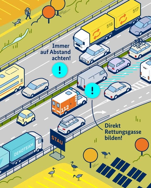 Schriftgrafik mit Illustration einer Autobahn mit verschiedenen Fahrzeugen: Immer auf Abstand achten! Direkt Rettungsgasse bilden! Schriftgrafik mit Illustration einer Autobahn mit verschiedenen Fahrzeugen: Immer auf Abstand achten! Direkt Rettungsgasse bilden!