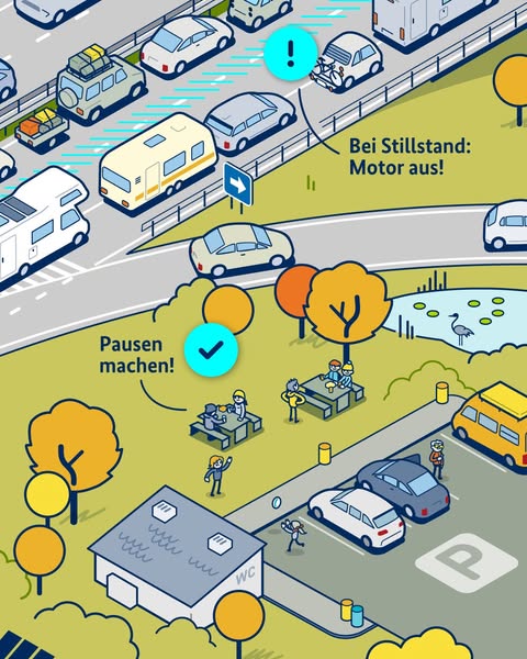 Schriftgrafik mit Illustration einer Autobahn mit verschiedenen Fahrzeugen sowie eines Rastplatzes: Bei Stillstand: Motor aus! Pausen machen! Schriftgrafik mit Illustration einer Autobahn mit verschiedenen Fahrzeugen sowie eines Rastplatzes: Bei Stillstand: Motor aus! Pausen machen!