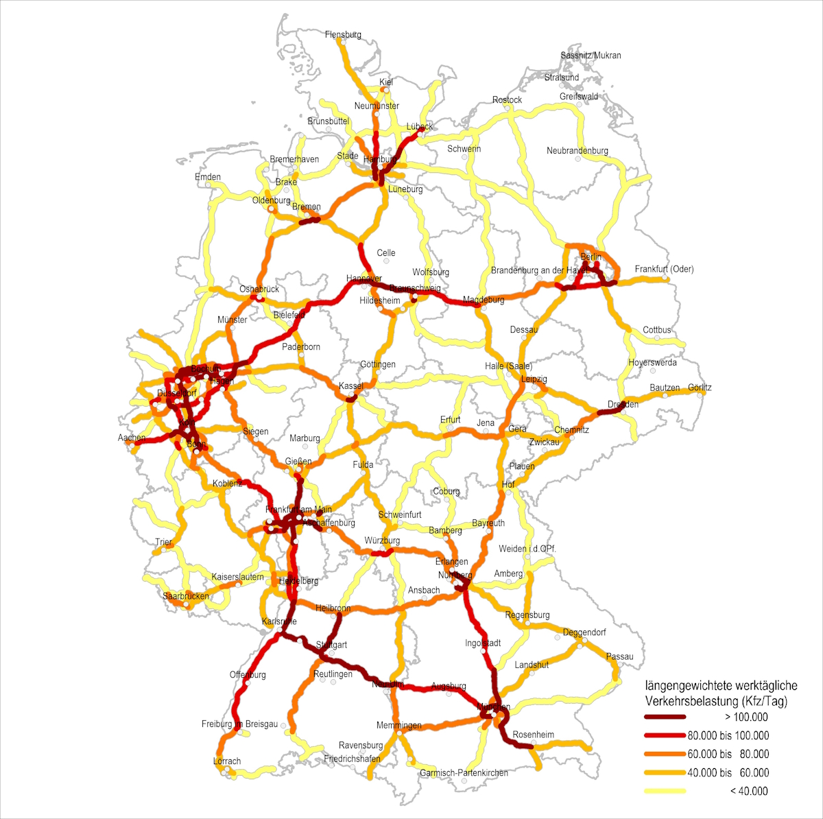 Deutschlandkarte mit gewichteter Kennzeichnung von besonders belasteten Straßen Deutschlandkarte mit gewichteter Kennzeichnung von besonders belasteten Straßen