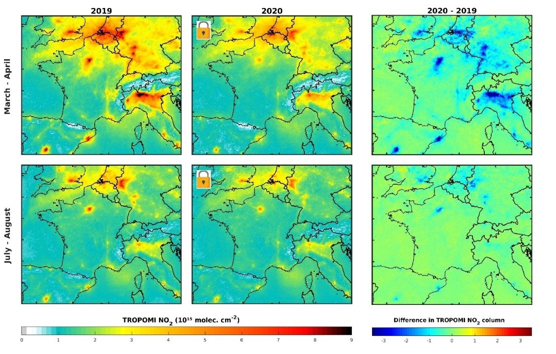 Karte: Stickstoffdioxid-Konzentrationen über Europa vor und während des Covid-19-Lockdowns Karte: Stickstoffdioxid-Konzentrationen über Europa vor und während des Covid-19-Lockdowns