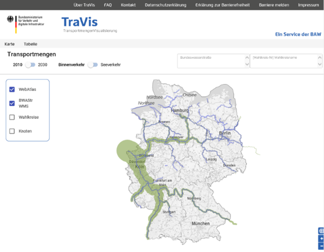 Ausschnitt aus dem Dienst für die Transportmengenvisualisierung (TraVis) Ausschnitt aus dem Dienst für die Transportmengenvisualisierung (TraVis)