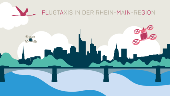 Visualisierung einer Stradtsilhouette mit Drohnen. Über der Abbildung fliegt ein Flamingo. Neben dem Vogel befindet sich der Schriftzug: Flugtaxis in der Rhein-Main-Region. Visualisierung einer Stradtsilhouette mit Drohnen. Über der Abbildung fliegt ein Flamingo. Neben dem Vogel befindet sich der Schriftzug: Flugtaxis in der Rhein-Main-Region.