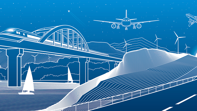 City infrastructure industrial and transport illustration panorama. Train travels along railway bridge over river. Automobile road in mountains. White lines on blue background. City infrastructure industrial and transport illustration panorama. Train travels along railway bridge over river. Automobile road in mountains. White lines on blue background.