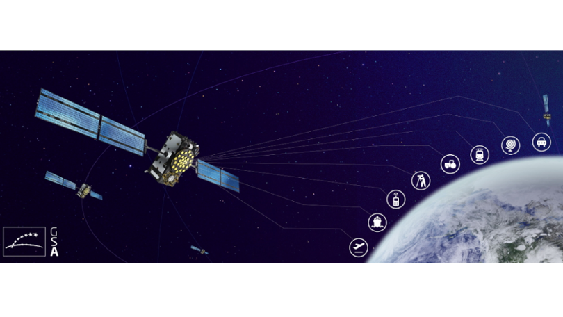 Vier Satelliten überfliegen die Erde. Von einem der Satelliten erstrecken sich feine Linien in Richtung Erde, an deren Enden verschiedene kleine Piktrogramme zu sehen sind. Unter den Symbolen befinden sich unter anderem ein Flugzeug und ein Mobiltelefon. Vier Satelliten überfliegen die Erde. Von einem der Satelliten erstrecken sich feine Linien in Richtung Erde, an deren Enden verschiedene kleine Piktrogramme zu sehen sind. Unter den Symbolen befinden sich unter anderem ein Flugzeug und ein Mobiltelefon.