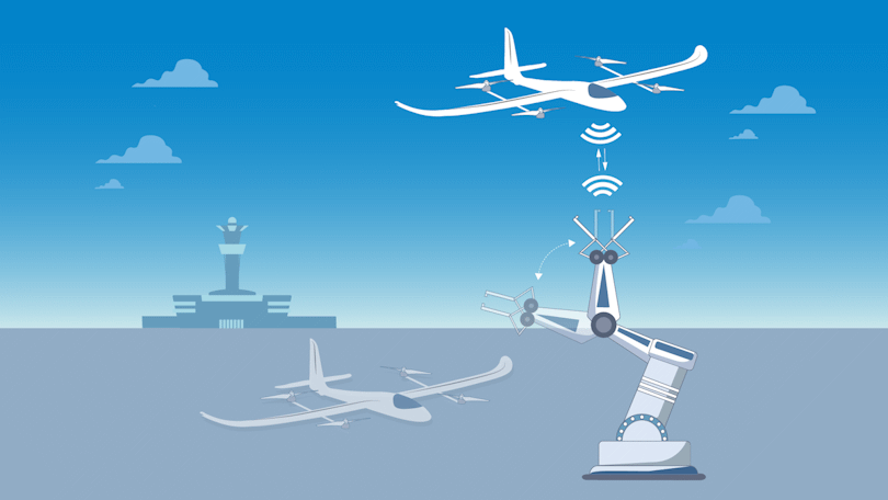 Visualisierung von Drohnen, die mit einer Basis kommunizieren. Im Hintergrund ist ein Flughafen-Tower zu sehen. Visualisierung von Drohnen, die mit einer Basis kommunizieren. Im Hintergrund ist ein Flughafen-Tower zu sehen.