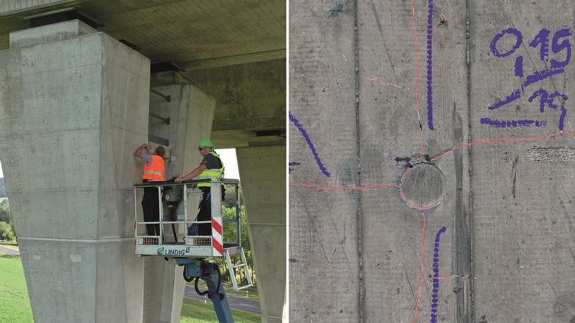 linkes Foto: zwei männer kontrollieren eine brücke und rechtes Foto: aufnahme schadensbild von einer brücke linkes Foto: zwei männer kontrollieren eine brücke und rechtes Foto: aufnahme schadensbild von einer brücke