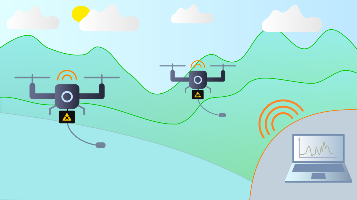 Visualisierung von Drohnen, die mit einem Computer kommunizieren. Im Hintergrund sind Berge zu sehen. Visualisierung von Drohnen, die mit einem Computer kommunizieren. Im Hintergrund sind Berge zu sehen.