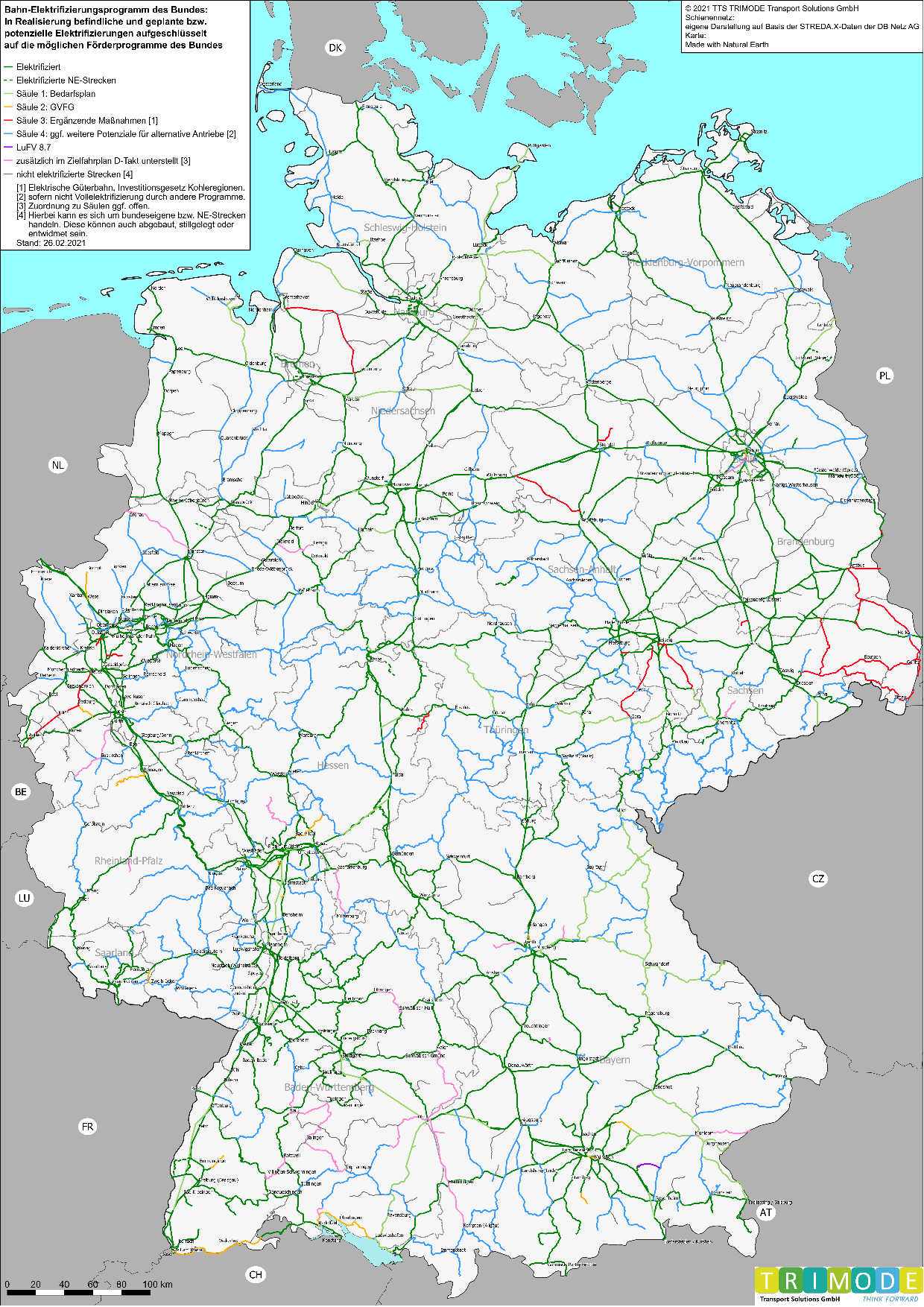 Abb. 4: Bahn-Elektrifizierungsprogramm des Bundes: In Realisierung befindliche und geplante bzw. potenzielle Elektrifizierungen aufgeschlüsselt auf die möglichen Förderprogramme des Bundes Abb. 4: Bahn-Elektrifizierungsprogramm des Bundes: In Realisierung befindliche und geplante bzw. potenzielle Elektrifizierungen aufgeschlüsselt auf die möglichen Förderprogramme des Bundes