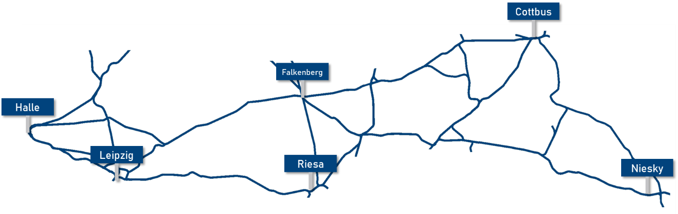 Kartenausschnitt des Versuchsgebietes über die Haupt- und Nebenstrecken im Streckennetz Halle – Cottbus – Niesky Kartenausschnitt des Versuchsgebietes über die Haupt- und Nebenstrecken im Streckennetz Halle – Cottbus – Niesky