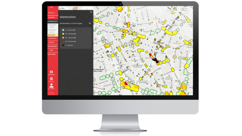 Straßenkarte mit farblicher Visualisierung der Wartezeiten an Kreuzungen Straßenkarte mit farblicher Visualisierung der Wartezeiten an Kreuzungen