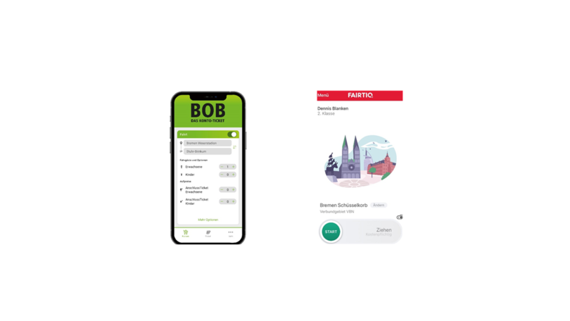 Ansichten der Apps zu BOB und FAIRTIQ Ansichten der Apps zu BOB und FAIRTIQ
