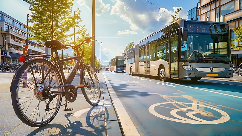 Straßenszene mit einem Fahrrad im Vordergrund und Bussen im Hintergrund Straßenszene mit einem Fahrrad im Vordergrund und Bussen im Hintergrund