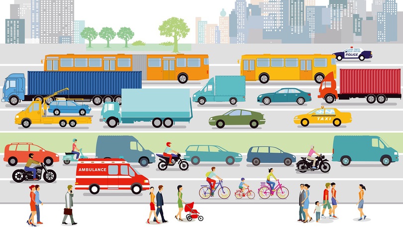 Grafik einer Stadt mit Straßenverkehr und Fußgängern Grafik einer Stadt mit Straßenverkehr und Fußgängern