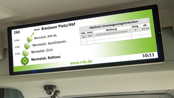 Zum Artikel TFT-Anzeige in RVK-Bus, Perlschnur mit Umsteigemöglichkeiten (DFI)
