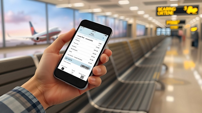 eine Hand hält ein Smartphone, auf dem ein digitaler Boardingpass zu sehen ist; im Hintergrund erkennt man Sitzbänke, Anzeigetafeln und ein Flugzeug eine Hand hält ein Smartphone, auf dem ein digitaler Boardingpass zu sehen ist; im Hintergrund erkennt man Sitzbänke, Anzeigetafeln und ein Flugzeug