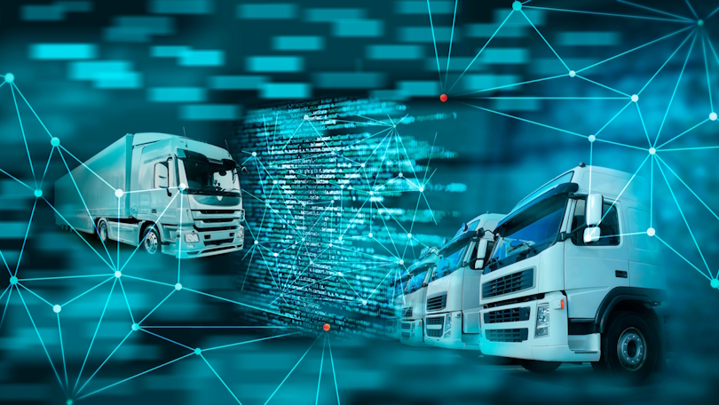 Mehrere Lkw werden umrahmt von einem Netz aus Punkten, die durch Linien verbunden sind. In der Mitte des Bildes ist leuchtend blauer Text platziert, der die Digitalisierung und Automatisierung symbolisiert. Mehrere Lkw werden umrahmt von einem Netz aus Punkten, die durch Linien verbunden sind. In der Mitte des Bildes ist leuchtend blauer Text platziert, der die Digitalisierung und Automatisierung symbolisiert.