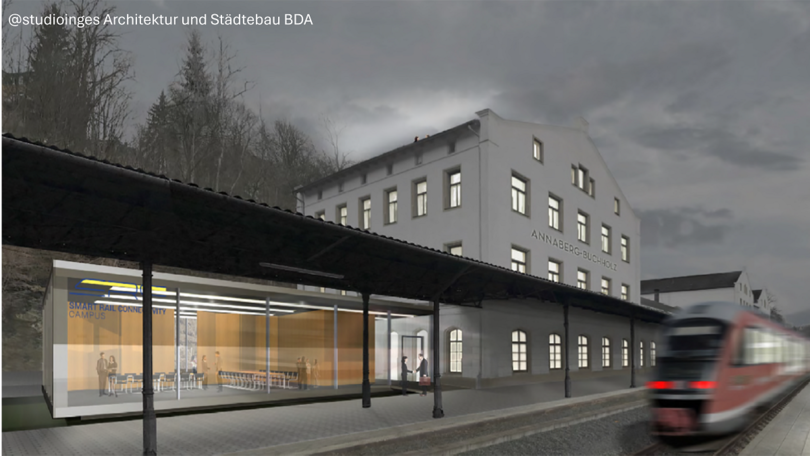 Grafik eines modernen Bahnhofs mit einem fahrenden Zug Grafik eines modernen Bahnhofs mit einem fahrenden Zug