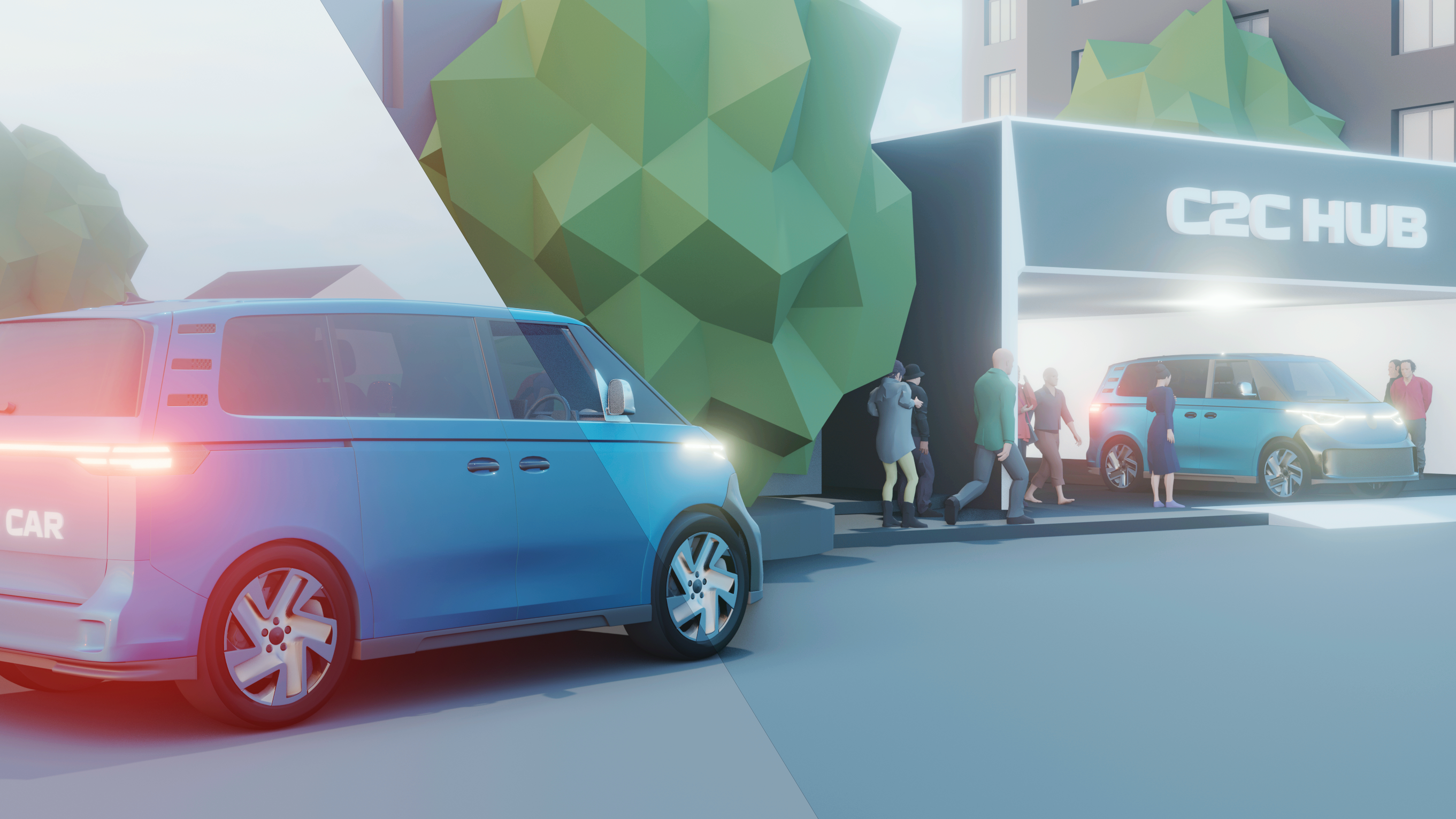 Stilisierte, 3D-gerenderte Szene einer urbanen Umgebung mit Fokus auf nachhaltige Mobilität: Im Vordergrund steht ein blaues Auto mit der Aufschrift "C2C CAR", im Hintergrund stehen Menschen vor einem Gebäude mit der Aufschrift "C2C Hub". Stilisierte, 3D-gerenderte Szene einer urbanen Umgebung mit Fokus auf nachhaltige Mobilität: Im Vordergrund steht ein blaues Auto mit der Aufschrift "C2C CAR", im Hintergrund stehen Menschen vor einem Gebäude mit der Aufschrift "C2C Hub".