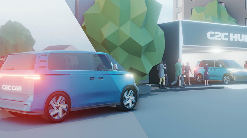 Stilisierte, 3D-gerenderte Szene einer urbanen Umgebung mit Fokus auf nachhaltige Mobilität: Im Vordergrund steht ein blaues Auto mit der Aufschrift "C2C CAR", im Hintergrund stehen Menschen vor einem Gebäude mit der Aufschrift "C2C Hub". Stilisierte, 3D-gerenderte Szene einer urbanen Umgebung mit Fokus auf nachhaltige Mobilität: Im Vordergrund steht ein blaues Auto mit der Aufschrift "C2C CAR", im Hintergrund stehen Menschen vor einem Gebäude mit der Aufschrift "C2C Hub".