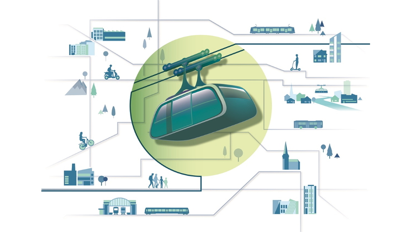 Die Grafik in den Farben blau und grün, zeigt zentral eine Seilbahnkabine, die mit Linien zu anderen öffentlichen Nahverkehrssystemen, aber auch Radfahrern, einem Fluss, Gebäude sowie unter anderem Berge verbunden und umringt ist. Die Grafik in den Farben blau und grün, zeigt zentral eine Seilbahnkabine, die mit Linien zu anderen öffentlichen Nahverkehrssystemen, aber auch Radfahrern, einem Fluss, Gebäude sowie unter anderem Berge verbunden und umringt ist.