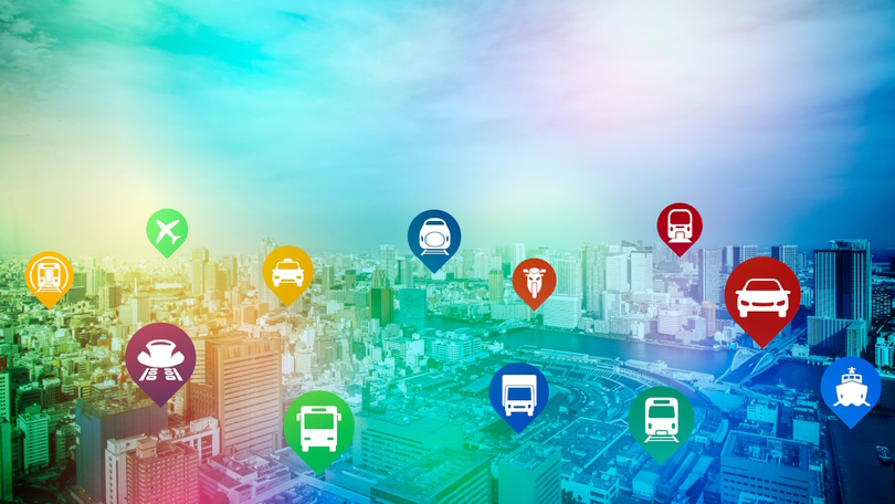 Stadtansicht mit Illustrationen verschiedener Verkehrsträger Stadtansicht mit Illustrationen verschiedener Verkehrsträger