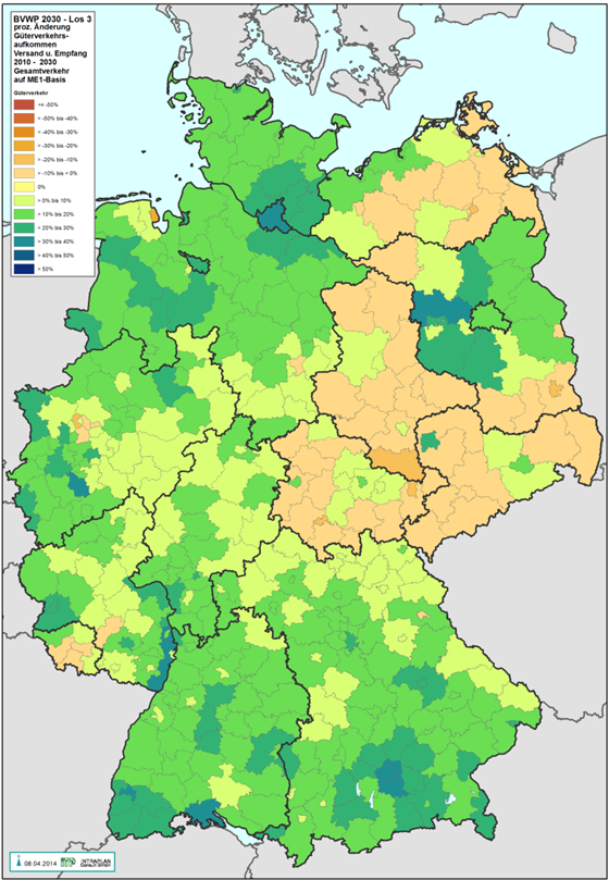 Veränderung des regionalen Güterverkehrsaufkommens (Versand und Empfang) 2030 gegenüber 2010 Veränderung des regionalen Güterverkehrsaufkommens (Versand und Empfang) 2030 gegenüber 2010