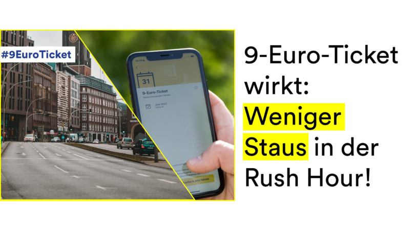 Auf der linken Seite ist eine Collage aus einer Straßenansicht mit wenig Verkehr und einem Smartphone zu sehen. Auf dem Smartphone wird ein 9-Euro-Ticket angezeigt. Am rechten Rand des Bildes steht: „9-Euro-Ticket wirkt: Weniger Staus in der Rush Hour!“ Auf der linken Seite ist eine Collage aus einer Straßenansicht mit wenig Verkehr und einem Smartphone zu sehen. Auf dem Smartphone wird ein 9-Euro-Ticket angezeigt. Am rechten Rand des Bildes steht: „9-Euro-Ticket wirkt: Weniger Staus in der Rush Hour!“