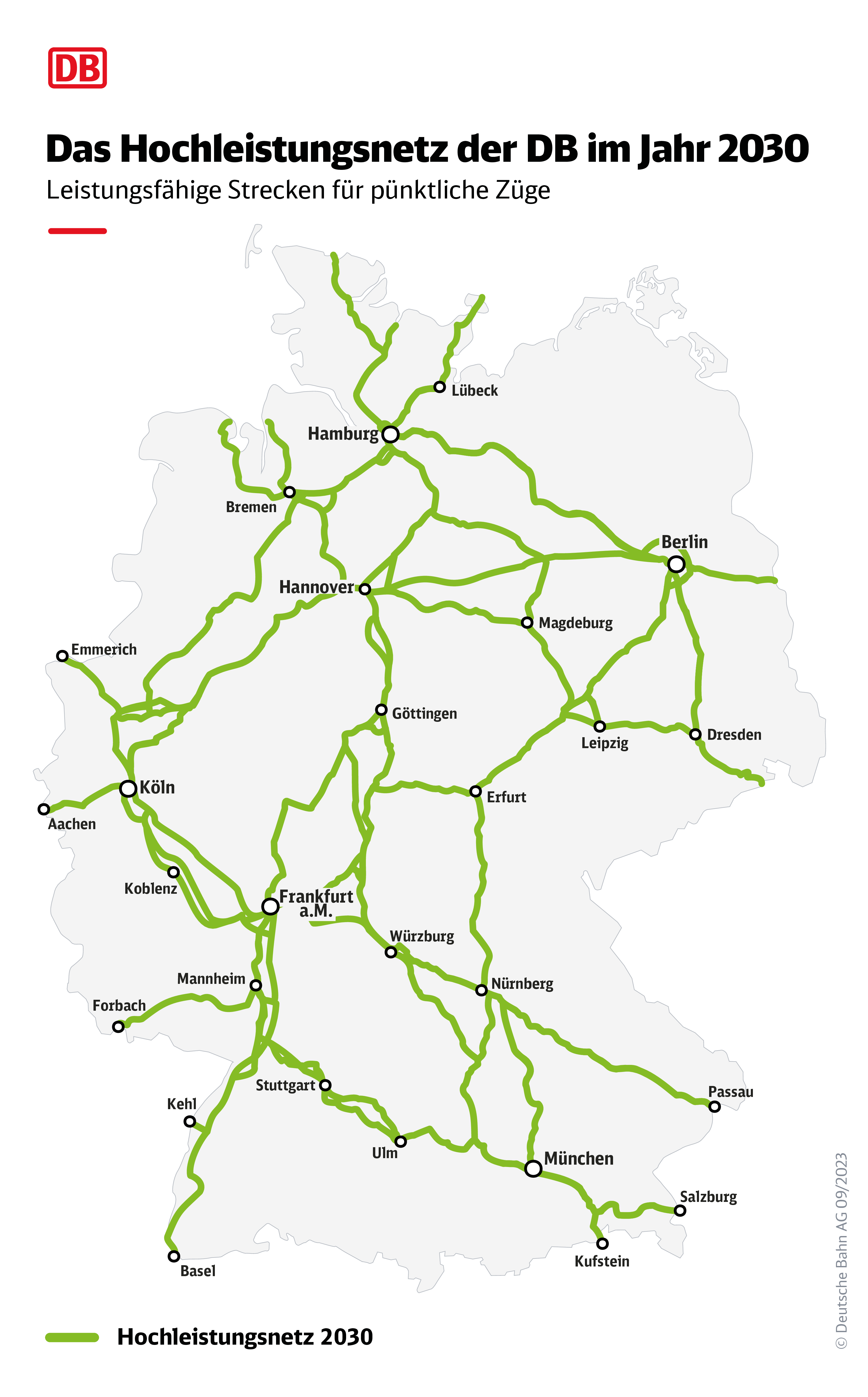 Deutschlandkarte mit dem Ziel-Hochleistungsnetz der Deutschen Bahn für das Jahr 2030 Deutschlandkarte mit dem Ziel-Hochleistungsnetz der Deutschen Bahn für das Jahr 2030