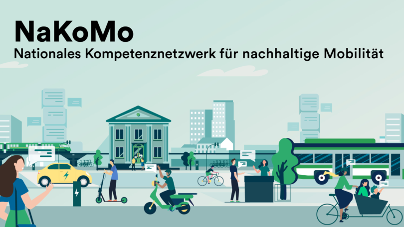 Visualisierung zum NaKoMo: Illustration einer Stadtansicht mit diversen Verkehrsteilnehmern, Fortbewegungsmitteln und Mobilitätsarten Visualisierung zum NaKoMo: Illustration einer Stadtansicht mit diversen Verkehrsteilnehmern, Fortbewegungsmitteln und Mobilitätsarten