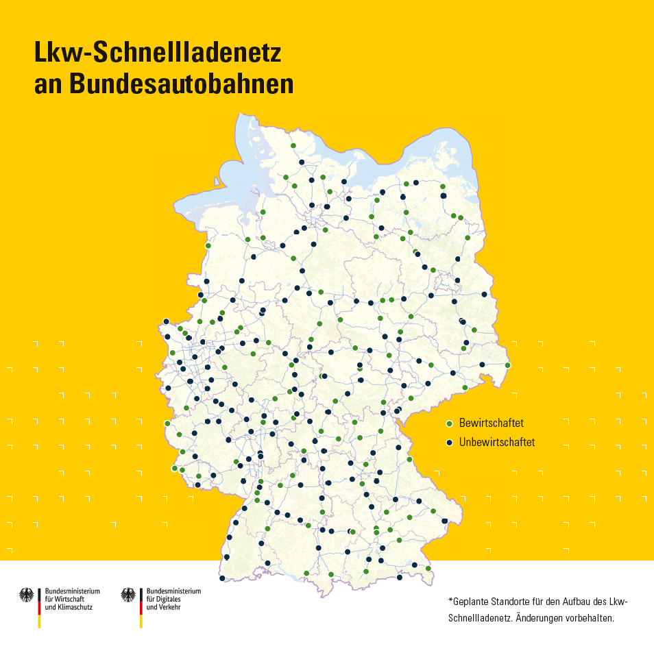 Deutschlandkarte Lkw-Schnellladenetz an Bundesautobahnen Deutschlandkarte Lkw-Schnellladenetz an Bundesautobahnen