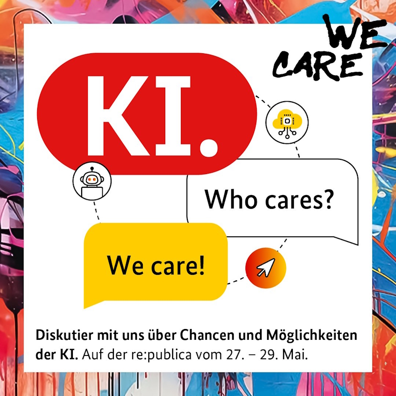 Schriftgrafik mit Text: we care. KI. Who cares? We care! Schriftgrafik mit Text: we care. KI. Who cares? We care!