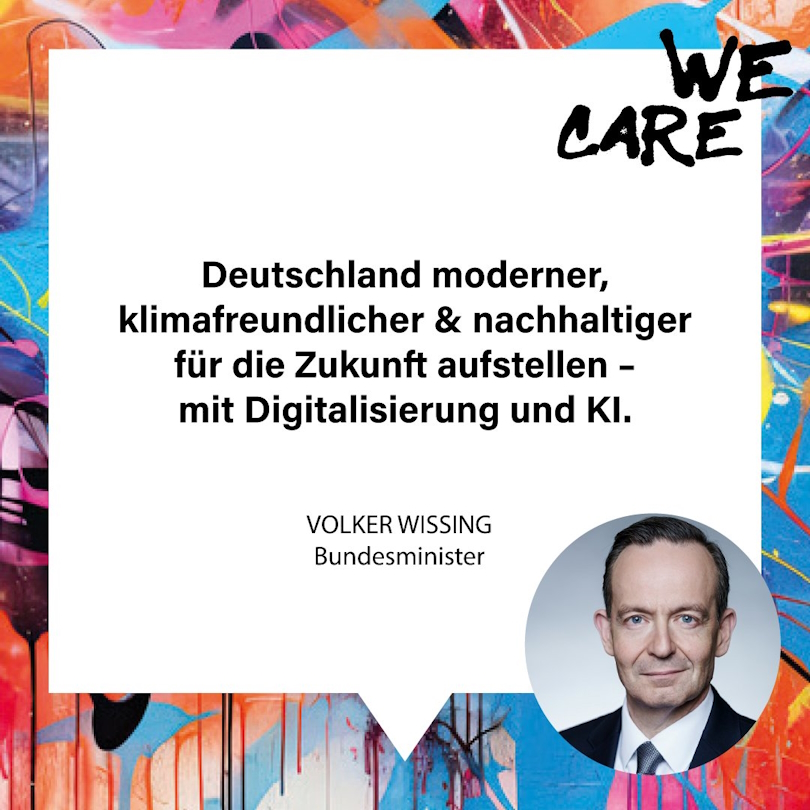 Schriftgrafik mit Zitat und Foto von Volker Wissing: Deutschland moderner, klimafreundlicher und nachhaltiger für die Zukunft aufstellen - mit Digitalisierung und KI. Schriftgrafik mit Zitat und Foto von Volker Wissing: Deutschland moderner, klimafreundlicher und nachhaltiger für die Zukunft aufstellen - mit Digitalisierung und KI.