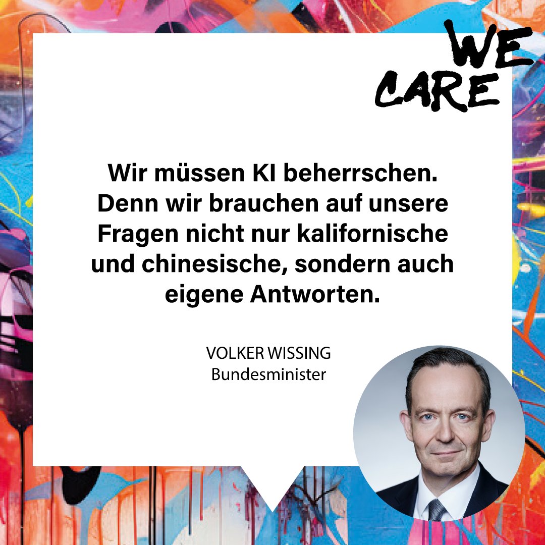 Schriftgrafik mit Volker Wissing: Wir müssen KI beherrschen. Denn wir brauchen auf unsere Fragen nicht nur kalifornische und chinesische, sondern auch eigene Antworten. Volker Wissing, Bundesminister. Schriftgrafik mit Volker Wissing: Wir müssen KI beherrschen. Denn wir brauchen auf unsere Fragen nicht nur kalifornische und chinesische, sondern auch eigene Antworten. Volker Wissing, Bundesminister.
