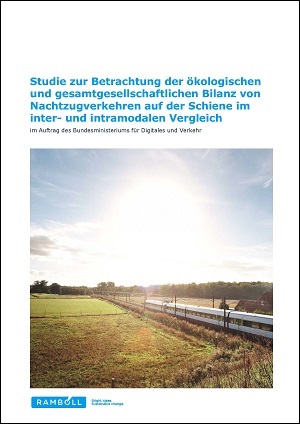 Coverbild der Studie zur Betrachtung der ökologischen und gesamtgesellschaftlichen Bilanz von Nachtzugverkehren auf der Schiene im inter- und intramodalen Vergleich Coverbild der Studie zur Betrachtung der ökologischen und gesamtgesellschaftlichen Bilanz von Nachtzugverkehren auf der Schiene im inter- und intramodalen Vergleich