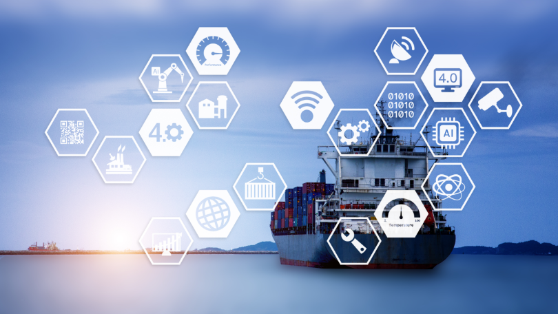 Foto eines Containerschiffs mit grafischen Icons verschiedener Symbole mit technischem Bezug Foto eines Containerschiffs mit grafischen Icons verschiedener Symbole mit technischem Bezug