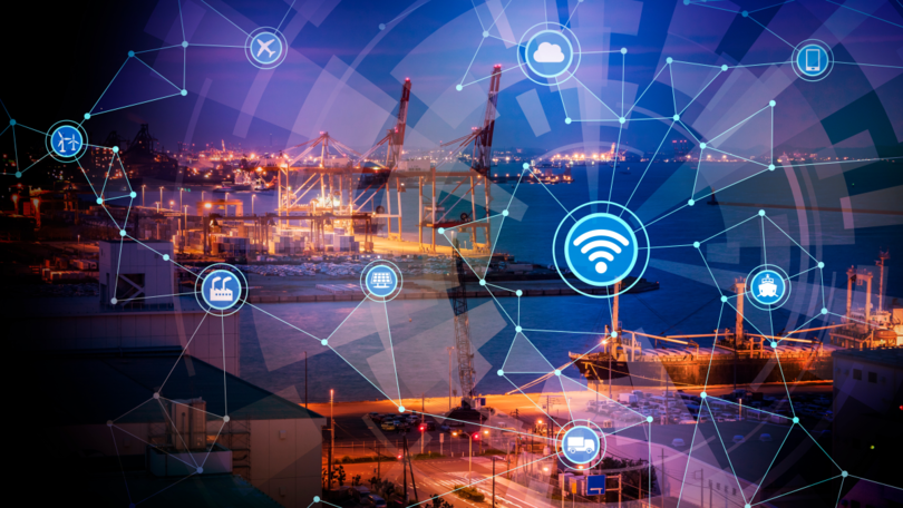 Eine vernetzte Struktur verknüpft mehrere Symbole miteinander. Im Hintergrund ist ein Container-Hafen zu sehen. Eine vernetzte Struktur verknüpft mehrere Symbole miteinander. Im Hintergrund ist ein Container-Hafen zu sehen.