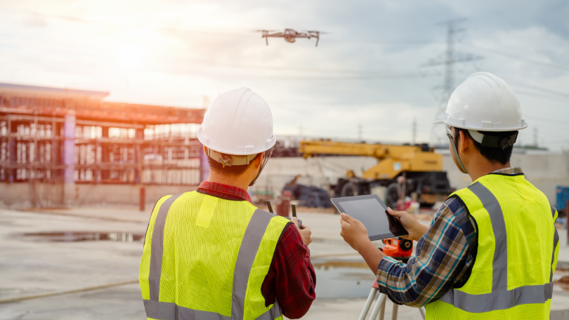 Bauarbeiter steuern eine Drohne über einer Baustelle Bauarbeiter steuern eine Drohne über einer Baustelle